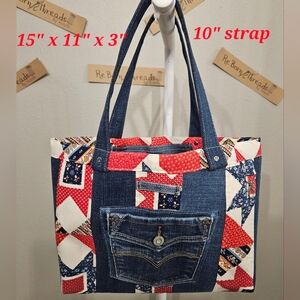 Denim Patchwork Tote Bag - Blue & Red